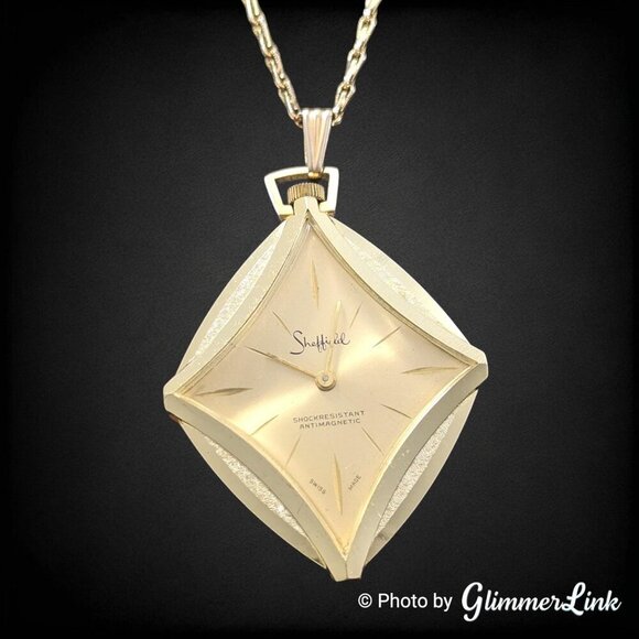 Vintage Sheffield Swiss Made Gold Tone Diamond Shape Pendant Watch Necklace - Picture 2 of 10